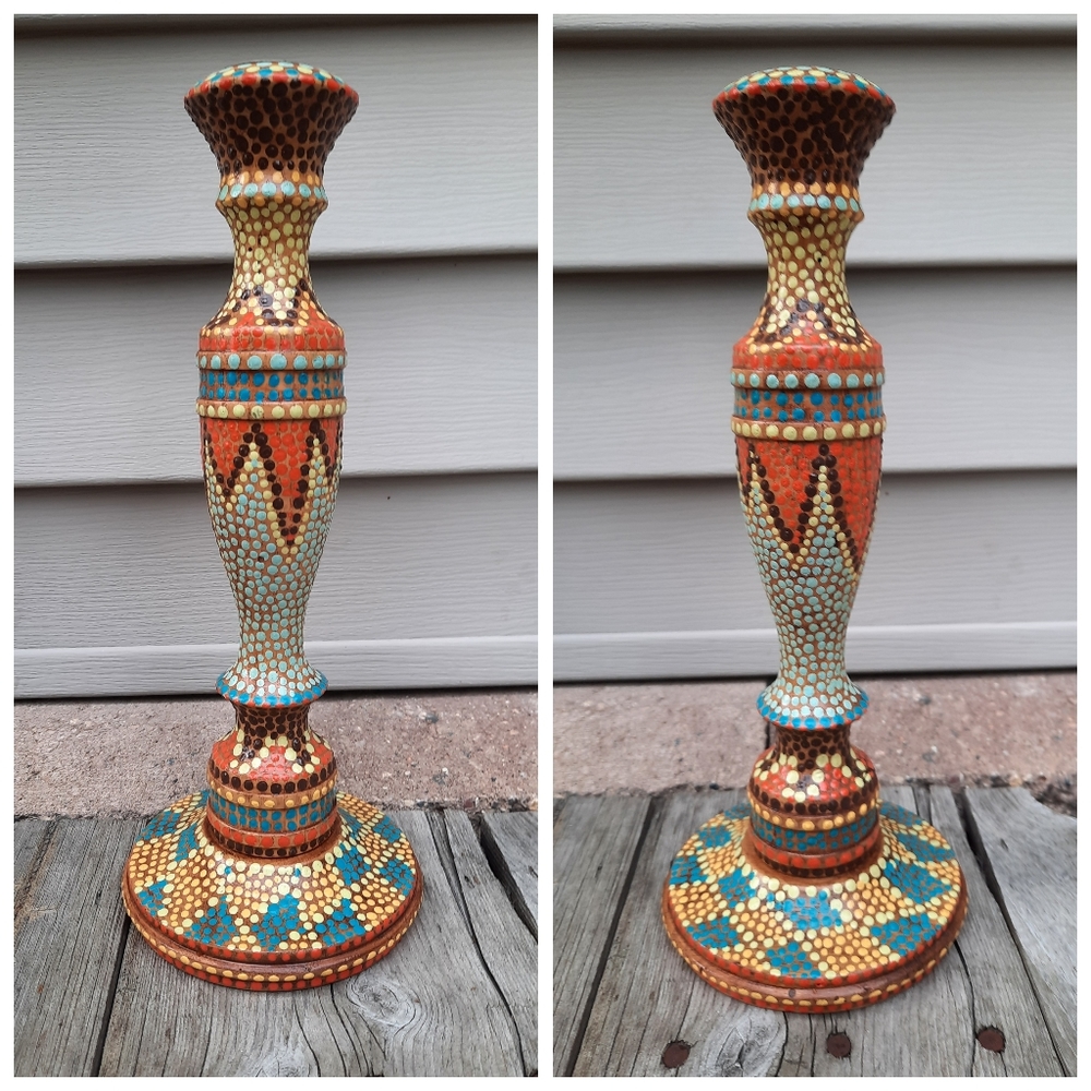 ONE handpainted vtg wood candle holder dot art upcycled